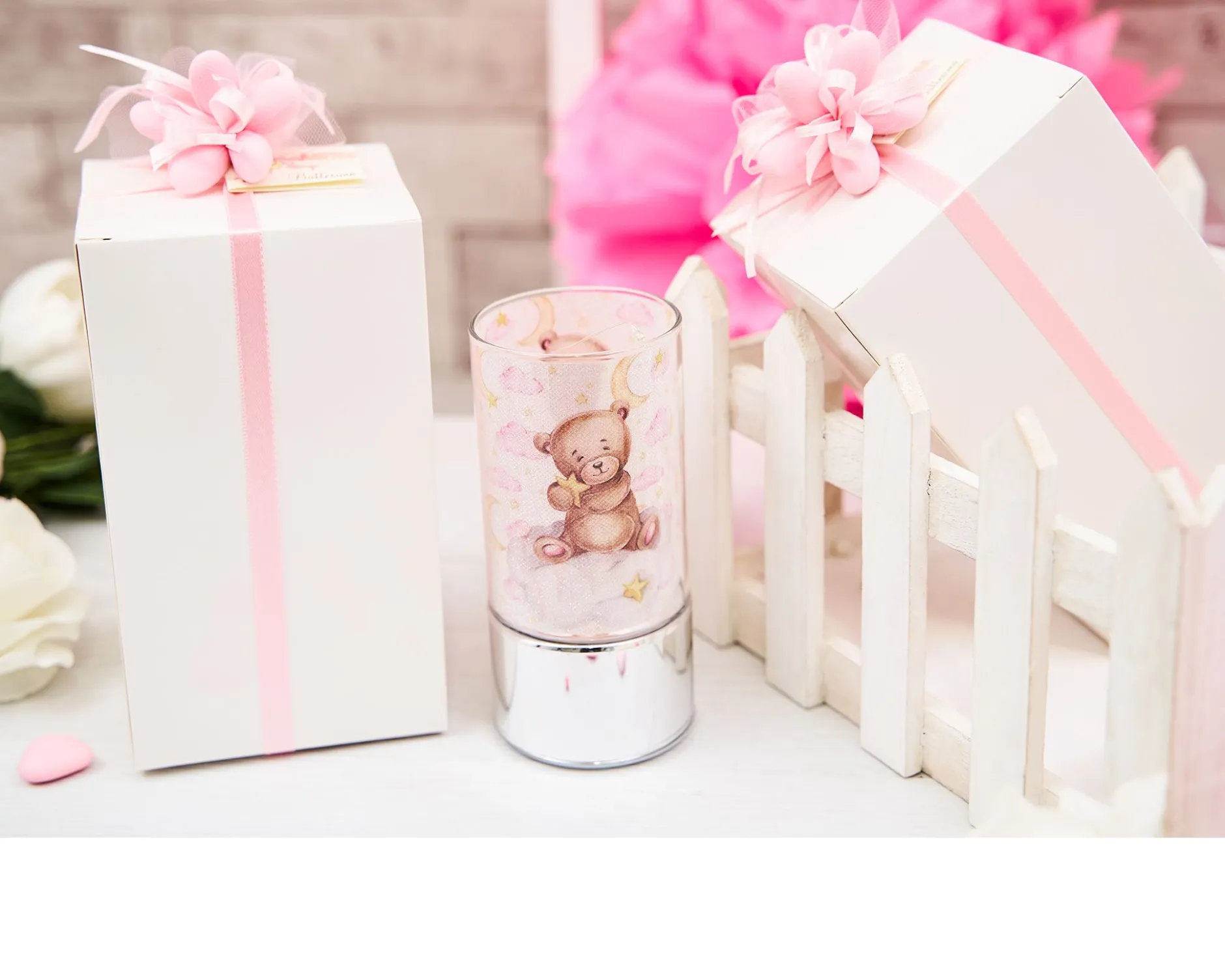 Bomboniera battesimo lampada orsetto rosa con ciuffo portaconfetti Selezione zanolli
