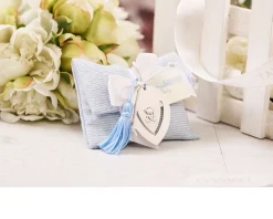 Bomboniera battesimo segnalibro orsetto, nappina celeste argento con sacchetto portaconfetti Selezione zanolli