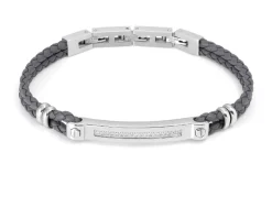 Bracciale manvision acciaio e pelle grigia con cubic zirconia bianchi Nomination