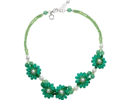 Collana fiori centrali con perle, cristalli e perline verdi Ottaviani