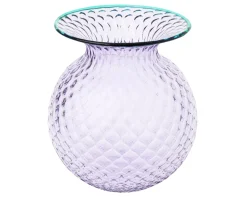 Vaso fiori balloton vetro di murano lilla con filo verde menta Venini