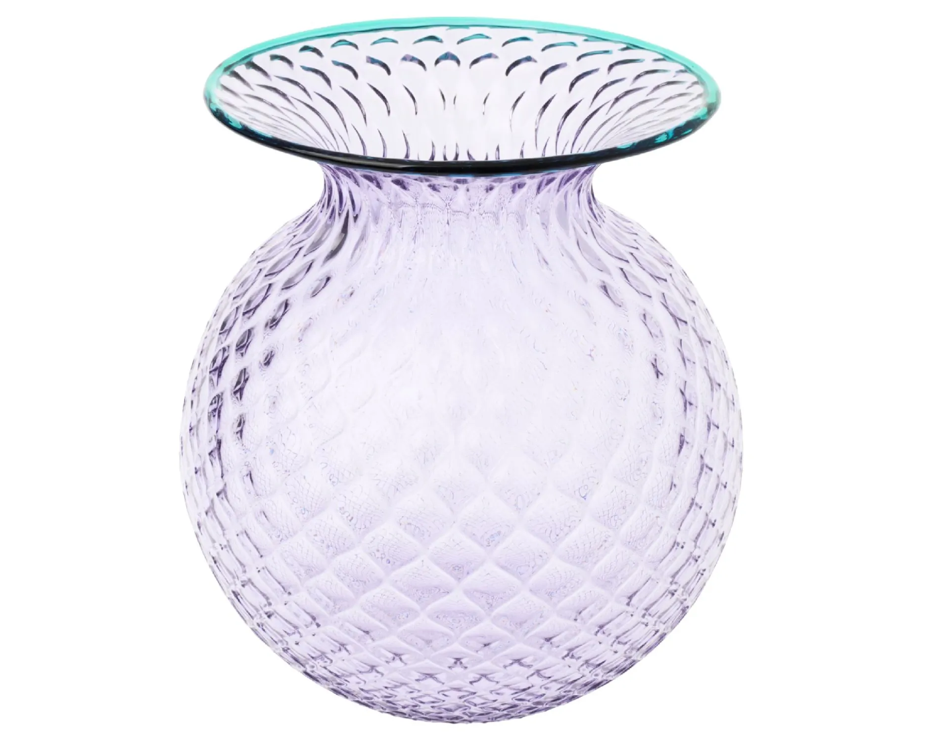 Vaso fiori balloton vetro di murano lilla con filo verde menta Venini