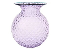 Vaso fiori balloton vetro di murano lilla con filo verde menta Venini
