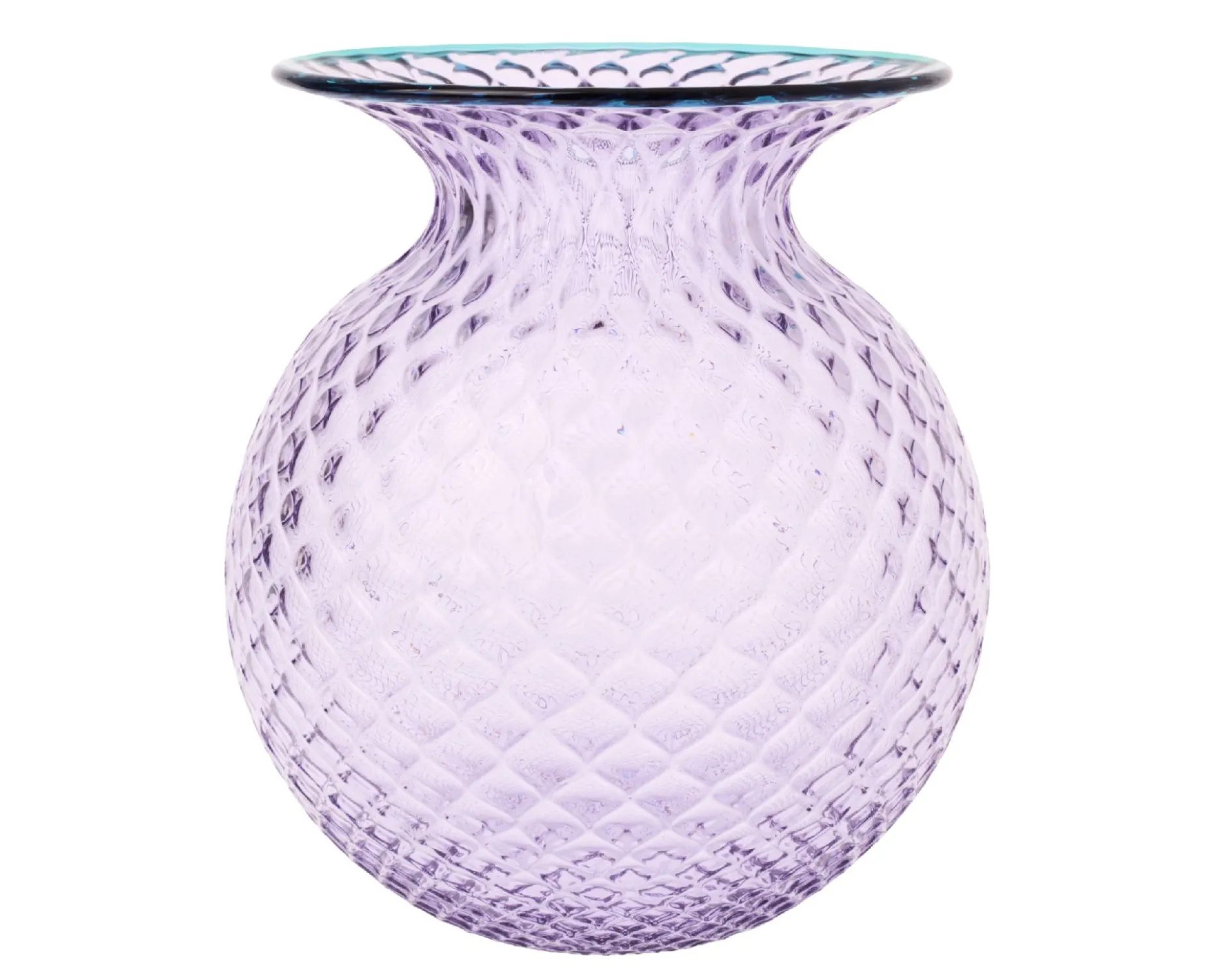 Vaso fiori balloton vetro di murano lilla con filo verde menta Venini