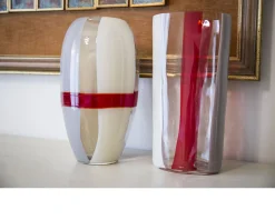 Vaso ogiva vetro di murano avorio grigio rosso Carlo moretti