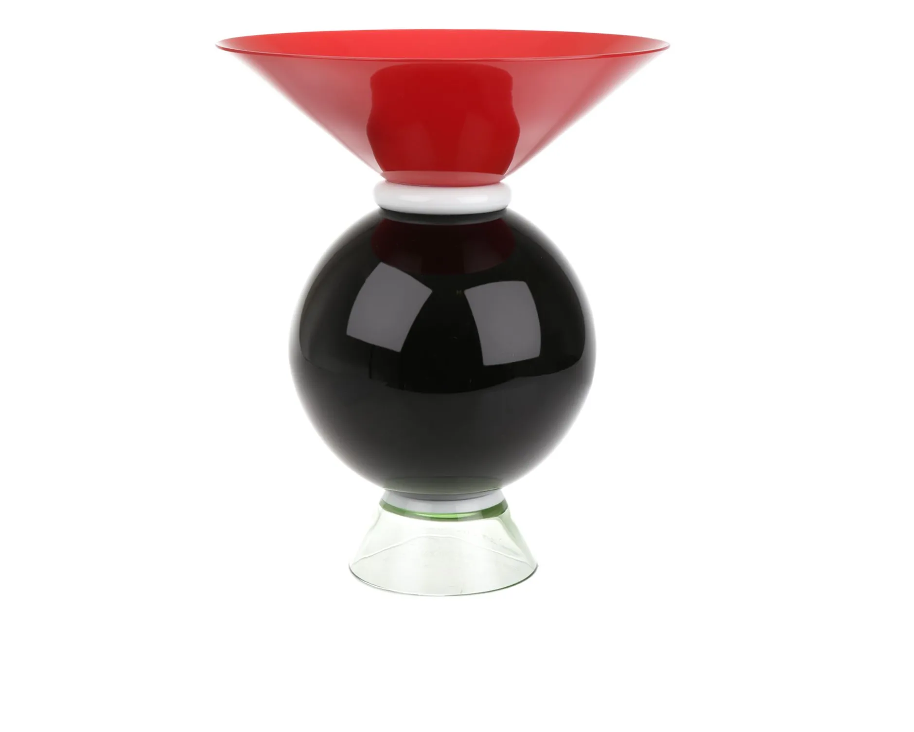Vaso yemen vetro di murano colore corallo, lattimo, nero, e verdognolo Venini